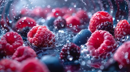 Sticker - Close Up of Fresh Raspberries and Blueberries in Water