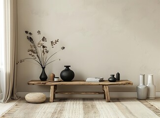 Modern Scandinavian style interior of a living room with a designed wooden coffee table, black accessories and elegant personal items in a minimalist home decor style, on a beige wall background