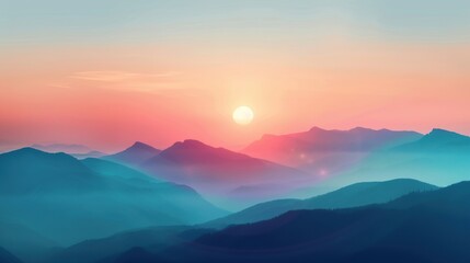 Canvas Print - Beautiful sunset over misty mountains with vibrant colors and serene landscape, creating a peaceful and breathtaking view.