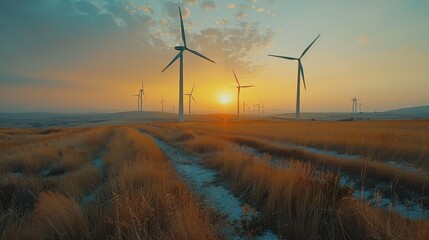 Wall Mural - Wind Turbines at Sunset on a Grassy Field
