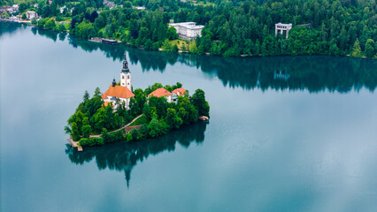 Wall Mural - Scenic Drone Image of Bled Lake Church in Fog