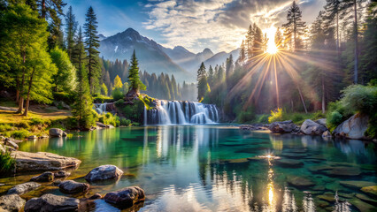 Beautiful paradise landscape, sun light in a lake with waterfall in the wood, travel destination