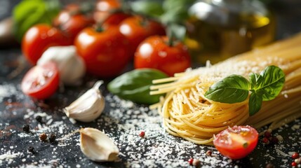 Wall Mural - A plate of spaghetti with tomatoes and basil