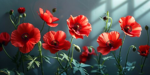 Wall Mural - Red poppies on a dark background. Floral background.