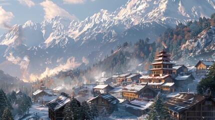 Wall Mural - A prosperous village with a background of large mountains and snow on the peaks in the evening