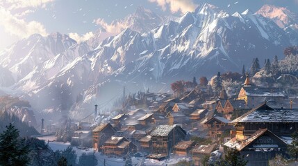 Wall Mural - A prosperous village with a background of large mountains and snow on the peaks in the evening