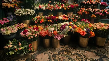 Beautiful fresh flowers in pots in a flower shop with beautiful decorated vintage floor