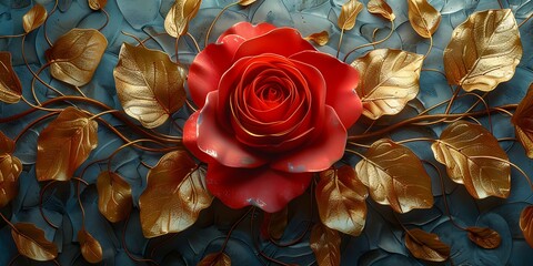 Sticker - 3d rendering of red rose with gold leaves on blue background. 3d wall painting style