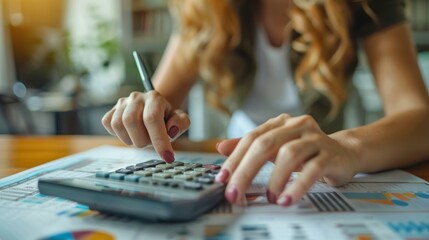A woman is sitting at a desk and using a calculator. She is focused on her work and she is in a serious mood