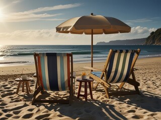 Two beach chairs and umbrella on a sunny beach, perfect for summer vacation relaxation. Concept of travel, leisure, paradise, and holidays.