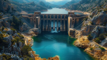 Hydroelectric Dam in Mountainous Region. Aerial view of a hydroelectric dam nestled in a mountainous region with a calm water reservoir, showcasing the blend of nature and technology.