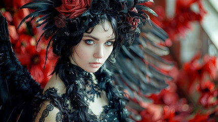Poster - Portrait of black fairy, witch or vampire with black wings