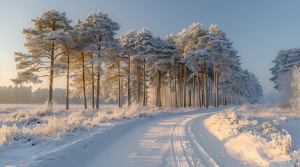 Wall Mural - Frosty morning in a pine forest with trees coated in white frost against a crisp clear blue sky