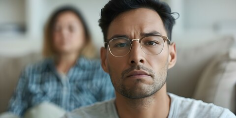 Wall Mural - Anxious Asian man seeks therapy from serene Caucasian female in a cozy room. Concept Therapy Session, Cultural Differences, Emotional Support, Mental Health, Healing Environment