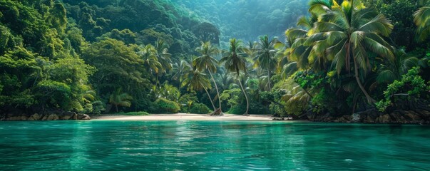 A tropical island with lush greenery