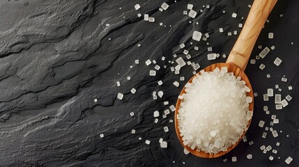 Artisanal Salt Crystals on Wooden Spoon Against Slate Background