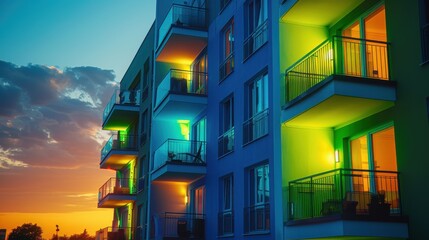 Wall Mural - Colorful blue and green apartments shining at the break of dawn