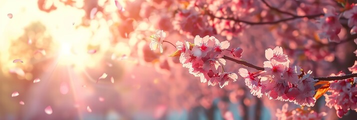 Sticker - Blossoming pink cherry trees garden in spring. Spring nature freshness and renewal background