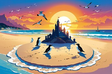 Penguins and a Sandcastle at Sunset.