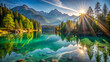© Alon - Painterly lake scenery in Germany with mountains reflected in the teal water and a beautiful ray of morning sunlight illuminating some trees