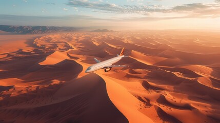 Airplane soaring over expansive desert dunes at sunset, capturing the beauty of the vast, arid landscape and dramatic sky.