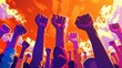 © Digital Dreamscapes - Diverse people raise their fists in unity and strength against a vibrant, colorful sunset sky