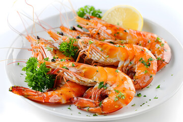 Delicious shrimps on white plate isolated on white background