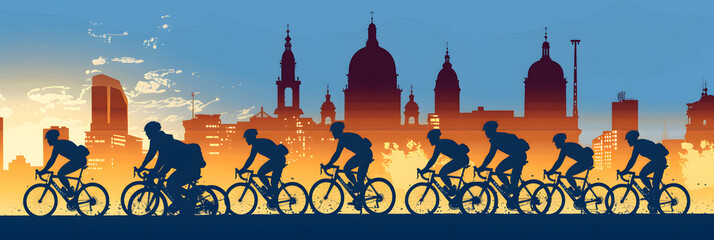 Sticker - Cycling festival, silhouette of cyclists on the background of Minsk landmarks, cycling race. Vector illustration