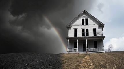 Wall Mural - A house with a rainbow in the sky and a stormy sky behind it