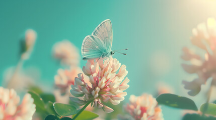 Butterfly sits on the pink clover flower