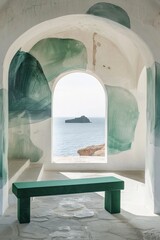 Wall Mural - A green bench is in front of a white archway