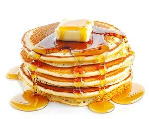 Wall Mural - Pancake stack with butter and syrup isolated on white background