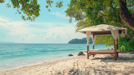 Wall Mural - Serene beach scene with cabana, white sand, and lush foliage