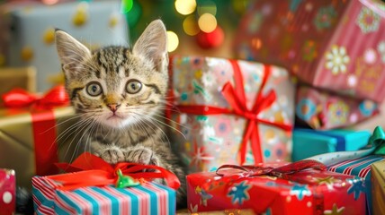 Wall Mural - Cute tabby kitten surrounded by colorful wrapped gifts, creating a festive holiday scene.