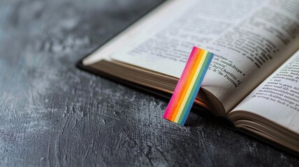 Open book with rainbow bookmark on wooden table