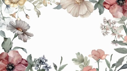Wall Mural - Elegant watercolor flowers forming a border on a white background, perfect for invitations, cards, or artistic projects.