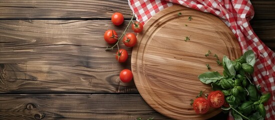 Wall Mural - Wooden Cutting Board with Tomatoes, Basil and Thyme