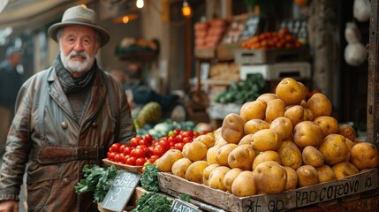 A senior man stands proudly at his market stall, where fresh potatoes are prominently displayed, highlighting the simple pleasures and authenticity of local market culture.