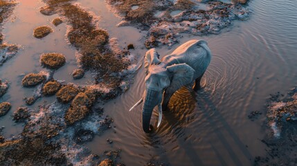 Wall Mural - Aerial view of elephant at watering hole at sunset
