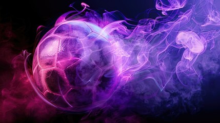 Wall Mural - soccer neon ball, black background, magenta smoke, magenta backlight