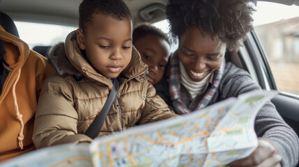 Family with young children sitting in car looking at a map, planning their road trip together with smiles and curiosity.