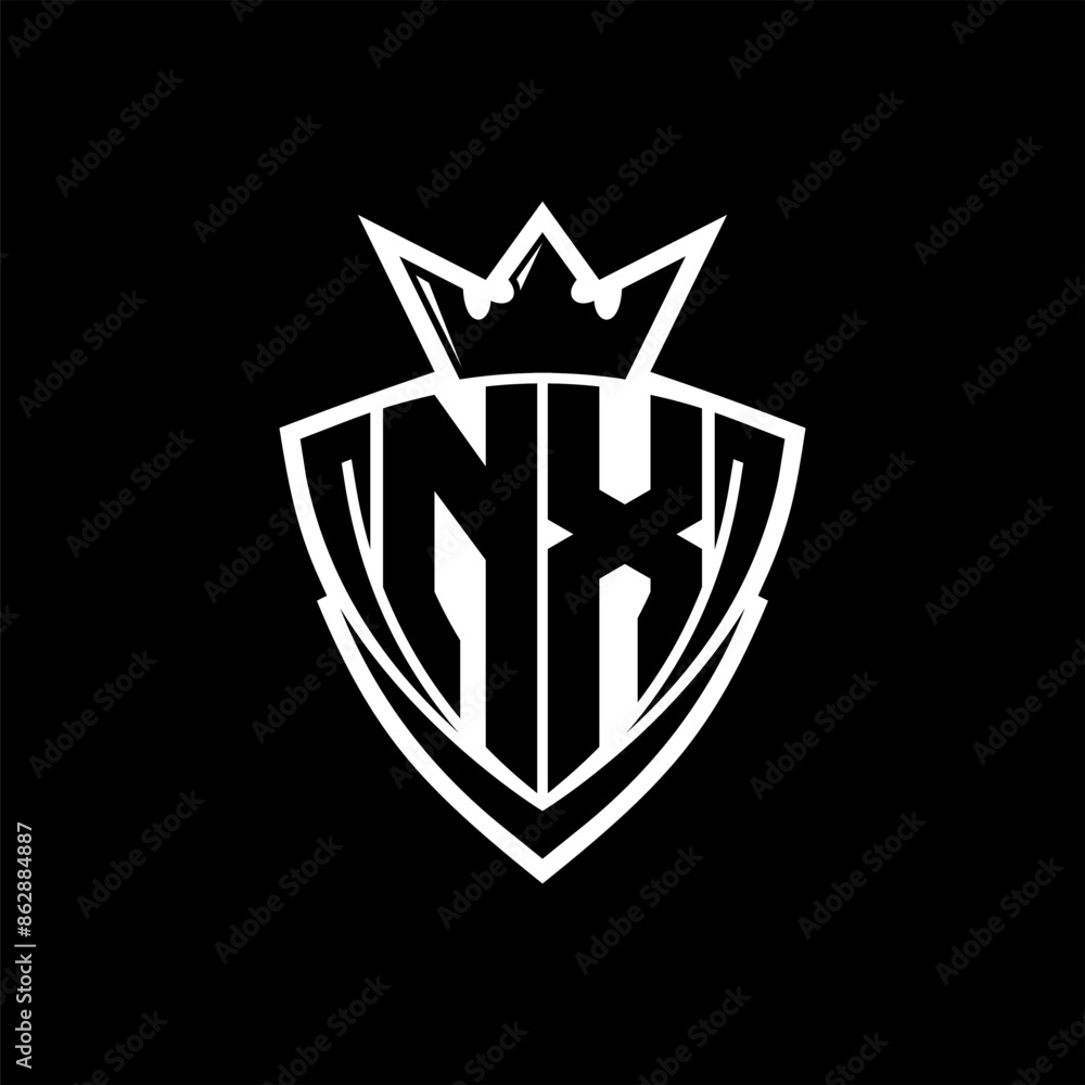 NX Letter logo with sharp triangle shield shape with crown inside white ...