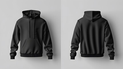 Wall Mural - Blank black hoodie mockup for design template. Front and back view of hooded sweatshirt for branding and clothing advertisement. Casual streetwear clothing for men and women.