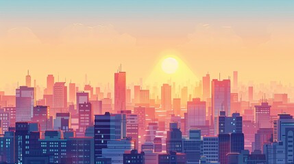 The sun rises over a prosperous cityscape with many buildings. with a soft orange horizon gradually Changed to a bright blue morning sky