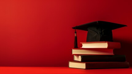 Poster - Graduation Cap on a Stack of Books Against a Red Background