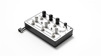 Isolated white overdrive dual-channel stompbox electric guitar effect for studio and stage performed on white background with clipping path. music concept