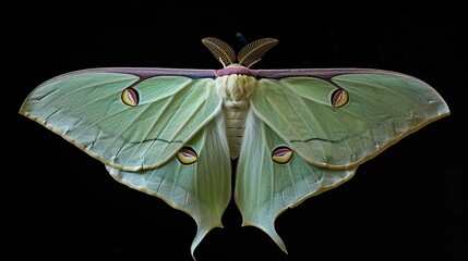 Wall Mural - Luna Moth with Spread Wings on Black Background