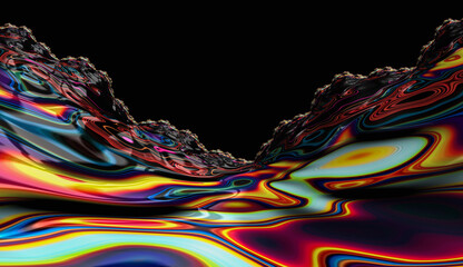 Wall Mural - Neon colorful mountain fractal marble with black background. Modern, topography map, data, abstract backdrop