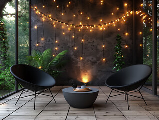 Wall Mural - interior of a home with table and chairs, Decorated with small string lights