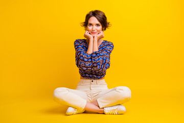 Sticker - Full body length photo of young lovely girl touch cheeks sweet model posing happiness looking at you isolated on yellow color background